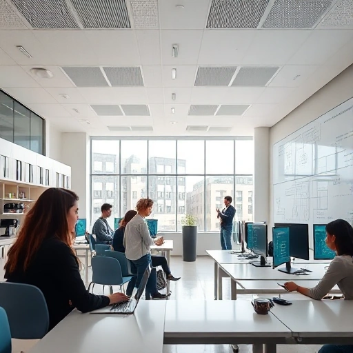 A modern university campus in TuvPoliteh with students collaborating in a bright, tech-equipped classroom, featuring clean lines, natural light, and subtle engineering-themed decor like blueprints and circuit patterns on walls, no text or signage visible