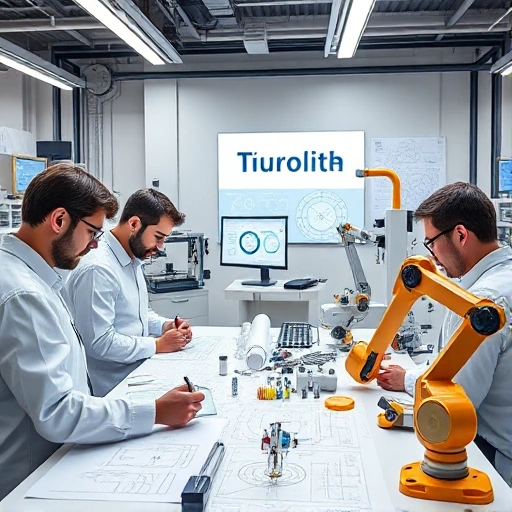 A modern engineering team in a high-tech laboratory, working on innovative engineering solutions, with blueprints, digital screens showing schematics, and tools like 3D printers and robotic arms, all in a clean, professional environment with subtle branding of 'tuvpoliteh' integrated into the background as a minimalist logo on a wall or screen, no text visible in the image