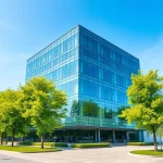 A modern corporate office building with glass facade, surrounded by green trees and a clear blue sky, symbolizing growth and innovation, with subtle abstract lines suggesting digital transformation and forward motion, no text or logos visible