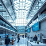 A modern university campus with futuristic architecture, students collaborating in high-tech labs, digital screens displaying engineering schematics, and a banner in Russian reading 'tuvpoliteh: новые возможности и горизонты' integrated subtly into the scene, bright daylight, clean lines, vibrant but professional atmosphere