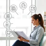 A modern educational setting with a person reviewing course materials on a laptop, surrounded by icons representing different academic disciplines like engineering, technology, and management, symbolizing the process of selecting the right course at tuvpoliteh