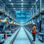 A modern industrial factory interior with robotic arms, automated conveyor belts, digital control panels displaying real-time data, engineers in safety gear monitoring touchscreen interfaces, and holographic production metrics floating in the air — all rendered in a clean, high-detail, smallHQ style emphasizing precision and digital transformation in manufacturing
