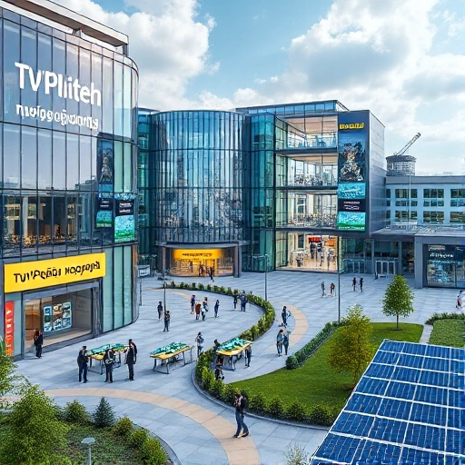 A futuristic university campus with modern glass buildings, students collaborating in high-tech labs, digital screens displaying engineering projects, and a banner reading 'TuVPoliteh: новые горизонты' in Russian, surrounded by green spaces and solar panels, conveying innovation and academic excellence