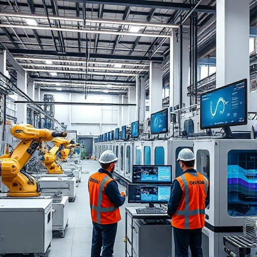 A modern industrial scene showing a factory with digital production technologies, including robotic arms, CNC machines, and data visualization screens displaying real-time manufacturing metrics, with engineers in safety gear monitoring systems, set in a clean, high-tech environment with subtle branding of 'tuvpoliteh' integrated into the architecture or equipment labels, realistic lighting, detailed textures, and a professional atmosphere