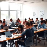 A modern university classroom with diverse students studying together, laptops and books on desks, bright natural light from windows, motivational posters on walls about effective learning strategies, subtle university branding in the background, clean and professional atmosphere