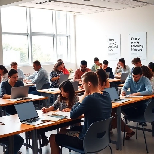 A modern university classroom with diverse students studying together, laptops and books on desks, bright natural light from windows, motivational posters on walls about effective learning strategies, subtle university branding in the background, clean and professional atmosphere