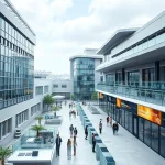 A modern university campus with futuristic architecture, students collaborating in high-tech labs, solar panels on buildings, and digital displays showing engineering innovations, all in a clean, optimistic, and professional atmosphere