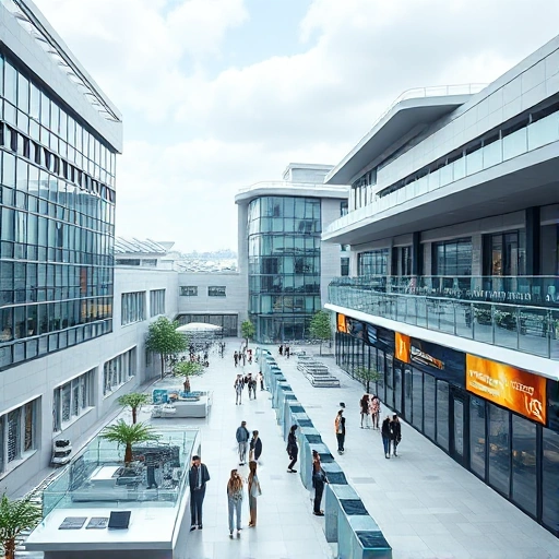 A modern university campus with futuristic architecture, students collaborating in high-tech labs, solar panels on buildings, and digital displays showing engineering innovations, all in a clean, optimistic, and professional atmosphere