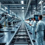 A modern industrial factory interior with advanced robotic arms assembling precision components, conveyor belts moving high-tech parts, engineers in clean uniforms monitoring holographic displays showing real-time production data, soft ambient lighting, sleek metallic surfaces, and subtle digital overlays indicating efficiency metrics — all in a clean, high-detail, photorealistic style reflecting technological progress in manufacturing