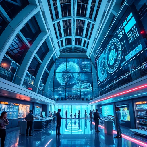 A modern technological innovation hub with sleek futuristic architecture, glowing data streams, holographic displays showing advanced engineering concepts, and diverse engineers collaborating in a high-tech environment, all rendered in a clean, professional, and inspiring visual style