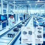 A modern industrial facility with engineers in lab coats reviewing data on digital screens, automated conveyor belts moving precision parts, robotic arms assembling components, and flowcharts illustrating optimized production processes, all in a clean, high-tech environment with blue and white color scheme, subtle university branding in the background referencing 'tuvpoliteh'