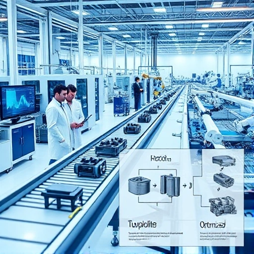 A modern industrial facility with engineers in lab coats reviewing data on digital screens, automated conveyor belts moving precision parts, robotic arms assembling components, and flowcharts illustrating optimized production processes, all in a clean, high-tech environment with blue and white color scheme, subtle university branding in the background referencing 'tuvpoliteh'