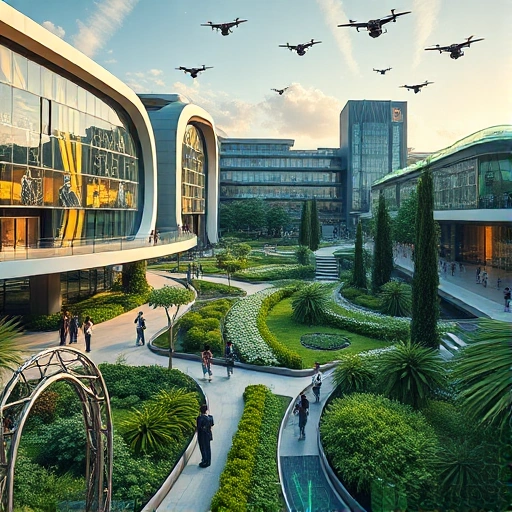 A futuristic university campus with sleek modern architecture, glowing holographic displays showing engineering schematics, students in smart uniforms working with robotic arms and AI interfaces, surrounded by lush green biotech gardens and solar-paneled walkways, under a clear sky with floating drones, conveying a sense of advanced technological education in harmony with nature
