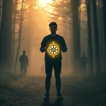 A person standing at a crossroads in a serene forest, holding a glowing compass that points inward toward their chest, surrounded by faint silhouettes of different professions (artist, teacher, scientist, gardener) fading into the mist, soft golden hour light, symbolic and introspective mood, no text or labels
