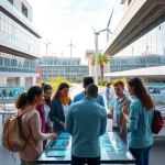 A modern university campus with futuristic architecture, students collaborating in a high-tech lab with holographic displays, renewable energy systems like solar panels and wind turbines visible in the background, diverse group of young people engaged in innovative research, clean and bright environment symbolizing technological progress and education