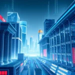 A modern innovation strategy concept: a sleek, futuristic cityscape with glowing data streams flowing between high-tech buildings, abstract geometric patterns representing collaboration and progress, subtle hints of Russian academic heritage in the architecture (e.g., classical columns fused with nanotech textures), soft ambient light, no text or logos, minimalist yet detailed, high quality