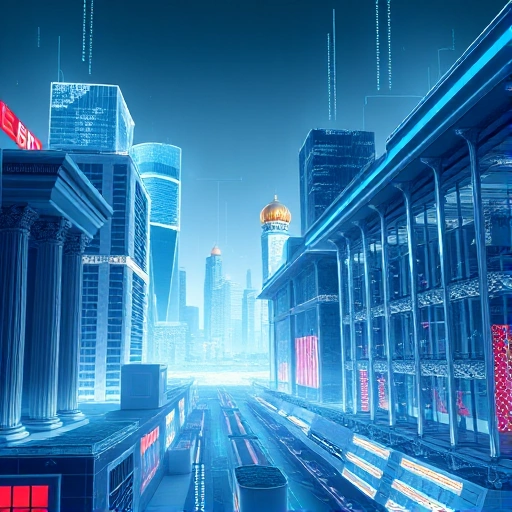 A modern innovation strategy concept: a sleek, futuristic cityscape with glowing data streams flowing between high-tech buildings, abstract geometric patterns representing collaboration and progress, subtle hints of Russian academic heritage in the architecture (e.g., classical columns fused with nanotech textures), soft ambient light, no text or logos, minimalist yet detailed, high quality
