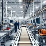 A modern industrial facility showing a technological process with machinery, conveyor belts, and engineers monitoring systems in a clean, high-tech environment, emphasizing precision and automation