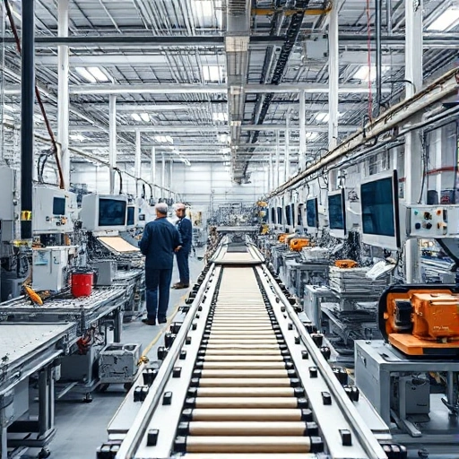 A modern industrial facility showing a technological process with machinery, conveyor belts, and engineers monitoring systems in a clean, high-tech environment, emphasizing precision and automation