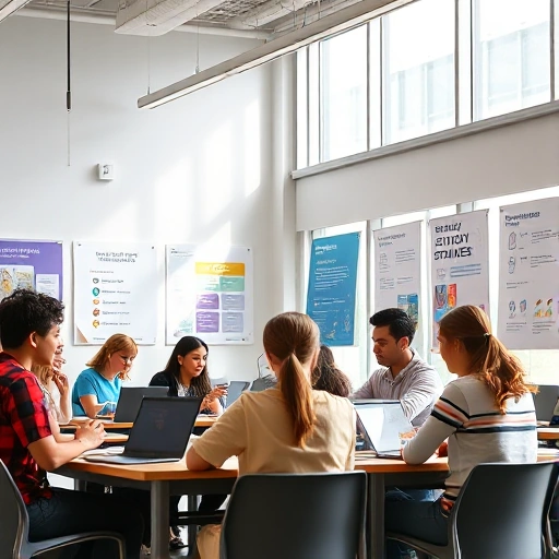 A modern university classroom with diverse students actively engaged in collaborative learning, using laptops and notebooks, bright natural light from large windows, educational posters on walls about effective study strategies, a teacher guiding a group discussion, atmosphere of focus and motivation, realistic style, high detail