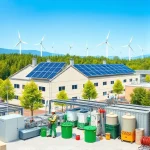 A modern sustainable manufacturing facility with solar panels on the roof, wind turbines in the background, green trees surrounding the plant, workers in eco-friendly uniforms operating clean machinery, recycling bins visible, clear blue sky, no smoke or pollution, realistic high-detail style