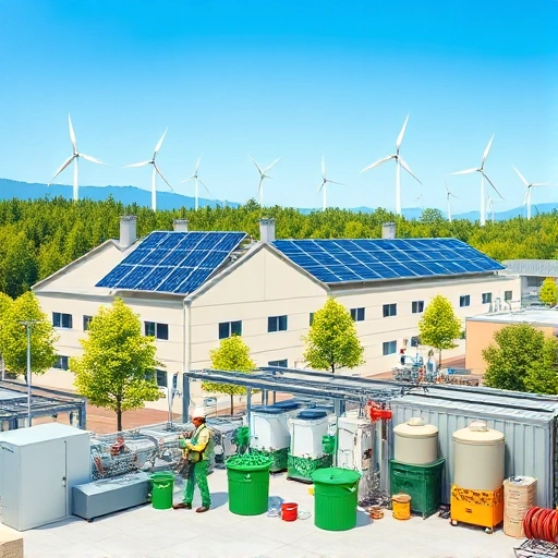 A modern sustainable manufacturing facility with solar panels on the roof, wind turbines in the background, green trees surrounding the plant, workers in eco-friendly uniforms operating clean machinery, recycling bins visible, clear blue sky, no smoke or pollution, realistic high-detail style