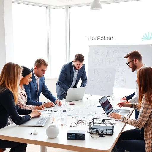 A modern Russian tech company team collaborating on product development in a bright, minimalist office with whiteboards showing schematics, laptops, and 3D-printed prototypes on a table, diverse professionals in casual business attire, natural light from large windows, clean Scandinavian-inspired design, subtle company logo 'TuVPoliteh' on a glass wall in the background, no text visible except the logo