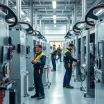 A modern technical service center with engineers in uniforms performing maintenance on industrial equipment, clean organized workspace, tools and diagnostic devices visible, professional atmosphere, soft natural lighting