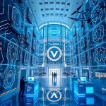 A modern technological innovation hub with sleek futuristic architecture, glowing circuit patterns on glass facades, engineers collaborating at holographic workstations, drones flying in the background, and a subtle emblem of 'TuVPoliteh' integrated into the design, all in a clean, high-detail, smallHQ style