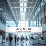 A modern university campus with sleek architecture, students collaborating in a high-tech lab, and a banner reading 'TuVPoliteh: в поисках совершенства' in elegant Cyrillic typography, soft natural lighting, minimalist design, focus on innovation and academic excellence