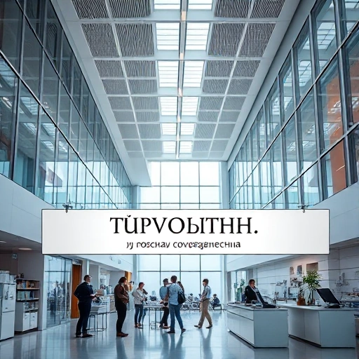 A modern university campus with sleek architecture, students collaborating in a high-tech lab, and a banner reading 'TuVPoliteh: в поисках совершенства' in elegant Cyrillic typography, soft natural lighting, minimalist design, focus on innovation and academic excellence