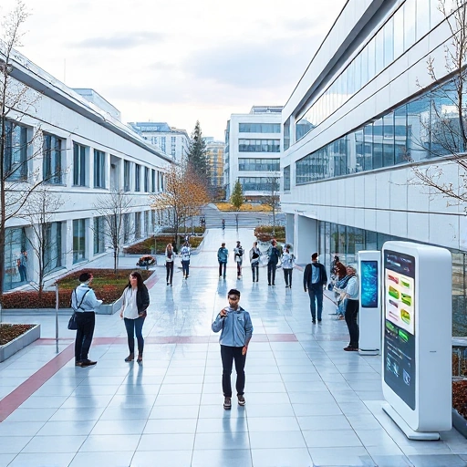 A modern university campus with futuristic technology elements: students using holographic displays, autonomous robots assisting in labs, solar-paneled buildings, and digital information kiosks showing 'tuvpoliteh: новые технологии и возможности' in Cyrillic, all rendered in a clean, high-detail smallHQ style with soft natural lighting and vibrant yet professional colors