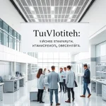 A modern, high-tech university campus with sleek architecture, students in professional attire collaborating in a bright, spacious lab with advanced equipment, banners displaying 'TuVPoliteh: высокие стандарты качества' in elegant Cyrillic typography, natural daylight, clean minimalist design, conveying excellence and innovation in education