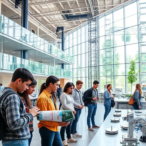 A modern university campus with students collaborating on innovative engineering projects, showcasing robotics, sustainable energy systems, and digital design labs, bright daylight, detailed architecture, vibrant but professional atmosphere