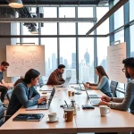 A modern startup office space in a tech hub, featuring young diverse entrepreneurs collaborating at desks with laptops, whiteboards with diagrams and code, coffee cups, and a city skyline visible through large windows, conveying innovation and energy in the tuvpoliteh sector