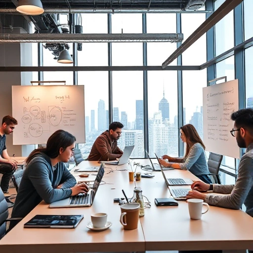 A modern startup office space in a tech hub, featuring young diverse entrepreneurs collaborating at desks with laptops, whiteboards with diagrams and code, coffee cups, and a city skyline visible through large windows, conveying innovation and energy in the tuvpoliteh sector