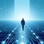 A modern, minimalist illustration of a person walking along a glowing path made of interconnected circuit lines and data streams, symbolizing the journey to efficiency through technology, with soft blue and white light, subtle geometric patterns in the background, and a sense of forward motion and clarity, no text or labels