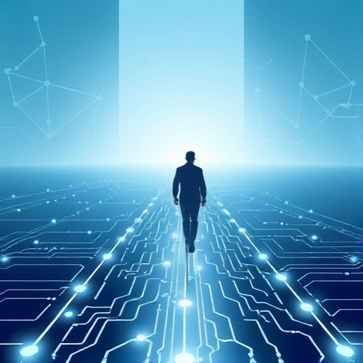 A modern, minimalist illustration of a person walking along a glowing path made of interconnected circuit lines and data streams, symbolizing the journey to efficiency through technology, with soft blue and white light, subtle geometric patterns in the background, and a sense of forward motion and clarity, no text or labels