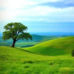 A serene landscape with rolling green hills under a soft blue sky, a single oak tree in the foreground, wildflowers scattered in the grass, distant mountains faintly visible on the horizon, no people, no buildings, no text, no signs, no vehicles, no animals