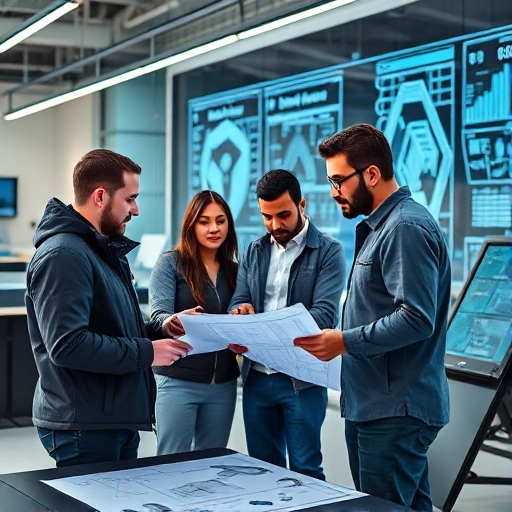 A modern, professional business setting with engineers collaborating on innovative solutions, featuring sleek technology, blueprints, digital displays, and diverse team members in smart casual attire, conveying efficiency and expertise, no text or letters visible