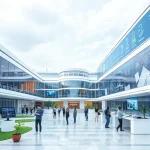A modern university campus with futuristic architecture, students collaborating in high-tech labs, and digital screens displaying engineering innovations, symbolizing the future development of TuvPoliteh