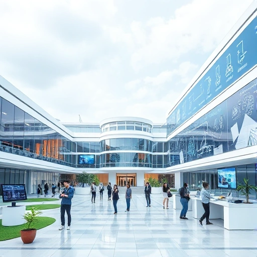 A modern university campus with futuristic architecture, students collaborating in high-tech labs, and digital screens displaying engineering innovations, symbolizing the future development of TuvPoliteh