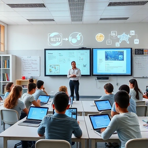 A modern classroom with students using tablets and laptops, interactive smartboards displaying educational content, holographic diagrams floating in the air, and a teacher guiding learning through digital tools, all in a bright, futuristic school environment with clean lines and soft natural light