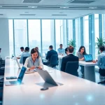 A modern, professional office environment with diverse employees collaborating at sleek desks, using laptops and tablets, with subtle digital overlays of data flow and network connections in soft blue and white tones, symbolizing innovation and technology integration for a contemporary company named 'tuvpoliteh', minimalist design, clean lines, natural lighting, no visible text or logos