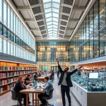 A modern university campus with students studying in a bright library, engineers working on innovative projects in a high-tech lab, and graduates celebrating their success, symbolizing the advantages and benefits of tuvpoliteh education