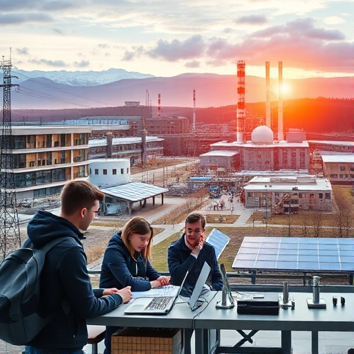 A modern university campus of Tuvpoliteh (Tuva Polytechnic Institute) with students studying in a high-tech laboratory, engineers working on renewable energy projects, and a background showing industrial development and economic growth in the Tuva region, symbolizing the institution's impact on the regional economy