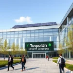 A modern university campus building with sleek glass architecture, solar panels on the roof, students walking with laptops and backpacks, digital display showing 'TuvPoliteh: Modern Solutions' in Cyrillic, green energy symbols, futuristic yet realistic style, daytime, clear sky