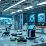 A modern technological innovation showcase featuring sleek, futuristic devices and systems developed by tuvpoliteh, including advanced robotics, smart sensors, and eco-friendly energy solutions, displayed in a clean, high-tech laboratory environment with soft ambient lighting and digital interfaces glowing subtly in the background