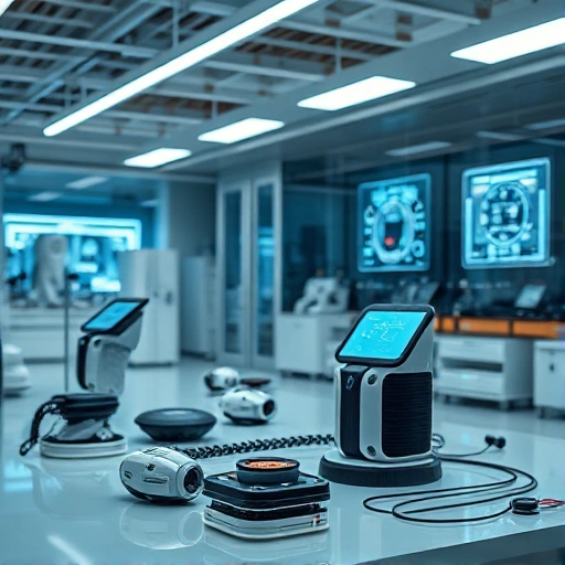 A modern technological innovation showcase featuring sleek, futuristic devices and systems developed by tuvpoliteh, including advanced robotics, smart sensors, and eco-friendly energy solutions, displayed in a clean, high-tech laboratory environment with soft ambient lighting and digital interfaces glowing subtly in the background