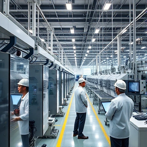 A modern industrial facility with sleek machinery, automated production lines, and engineers in clean uniforms monitoring digital control panels, conveying efficiency and precision in manufacturing, soft natural lighting, high detail, realistic style